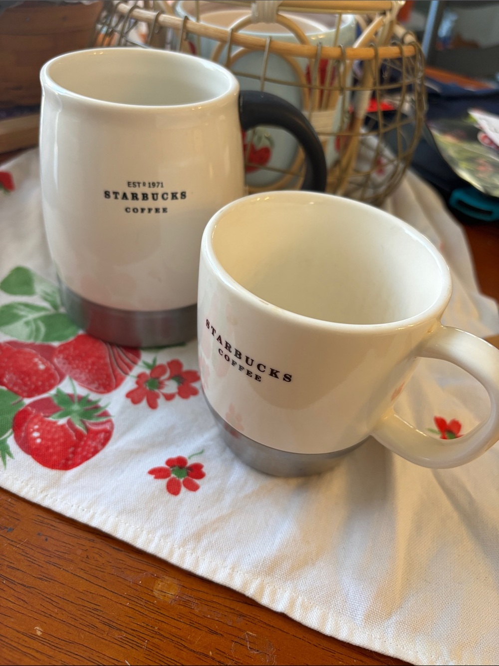 2 Starbucks White Ceramic Mug with silver Base